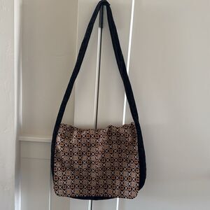Patterned & Black Messenger Shoulder Bag Crossbody Flap Over Closure Casual EUC